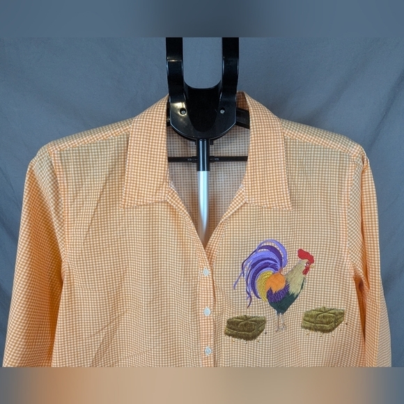 Casual Kiss large gingham shirt with embroidered rooster/ hay bales 3/4 sleeves - Picture 8 of 10